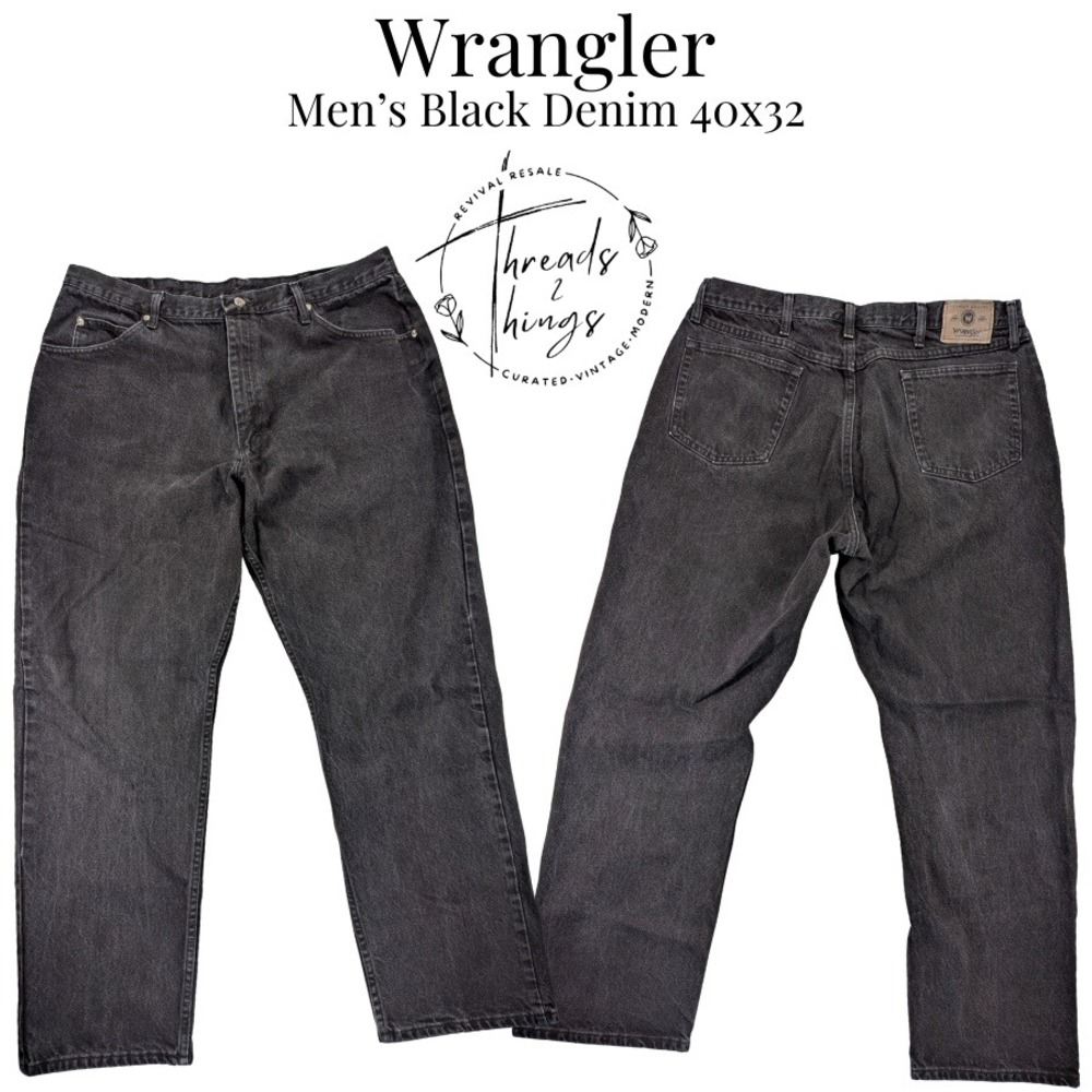 Wrangler Jeans Mens 40 x 32‎ Black Denim Cotton Classic Rugged Relaxed Straight